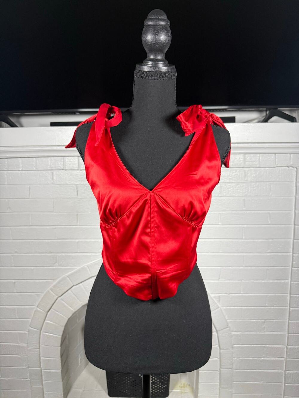 Romantic Red Satin Tie-Strap Bustier Top